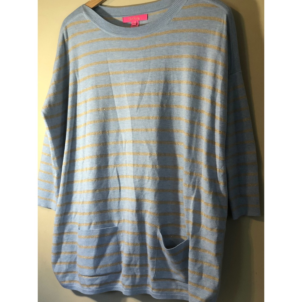 Lilly Pulitzer Cobo Coastal Fisherman oversize blue Gold Stripe Knit Sweater xxs
